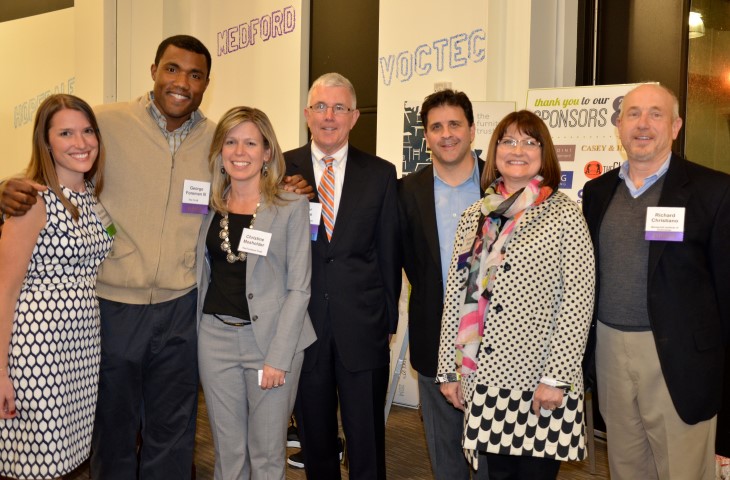 From L to R: Michelle Blakemore Faroni, Education and Outreach Manager, The Furniture Trust George Foreman IIII, Founder, The Club by George Foreman III Christine Mosholder, Founder, The Furniture Trust Peter Boyce, General Manager at Casey & Hayes Movers Greg Porfido, Chief Operating Officer at Mark Richey Woodworking Francine Buck, Senior Business Development Manager at Haworth Furniture Richard Christiano, Professor of Facilities Planning and Management at Wentworth Institute of Technology