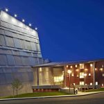 View of new WCSU's  Visual and Performing Arts Center west entrance and proscenium theater fly tower (photo: Robert Benson)