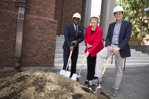 The renovation of Memorial Church gets underway with a ground breaking ceremony attended by Plummer Professor of Christian Morals and Pusey Minister in the Memorial Church Jonathan Walton (from left), Harvard University President Drew Faust, and Edward Jones. Stephanie Mitchell/Harvard Staff Photographer