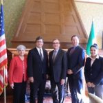 (l-r)Cambridge Mayor David Maher  with Co-Founder of Canadian Technology Accelerator and Trade Commissioner of Life Sciences Business Development at the Consulate General of Canada Christine Sarkisian  Cubresa Founder James Schellenberg, MLSC Vice President for Communications & Marketing Angus McQuilken and Manager of Business Development at Cubresa Helena Mistry 