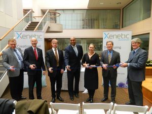 (l to r) Dmitriy D. Genkin, Chairman of the Board of Pharmsynthez OJSC; Karl Valente, Lexington Town Manager; Scott Maguire, Xenetic Biosciences CEO; Richard Elam, Executive Director of Massachusetts Office of International Trade & Investment; Susan Windham-Bannister, Ph.D., President & CEO of the Massachusetts Life Sciences Center; Jay Kaufman, State Representative; Henry Hoppe, Ph.D., VP of Drug Development for Xenetic.