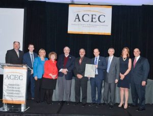 (l-r) Ed Studniski (Trustee, ACEC Retirement Trust), Corentin Fivet (Ochsendorf DeJong & Block, LLC), State Senator Karen Spilka, MassDOT Secretary Stephanie Pollack, Gary Tondorf-Dick (MIT), Chief John DiFava (MIT Police), John Ochsendorf (Ochsendorf DeJong & Block, LLC), Kurt Jelinek (ACEC/MA Awards Committee Co-Chair, Nobis Engineering), Cynthia Carleo (ACEC/MA Awards Committee Co-Chair, HDR Engineering), David Vivilecchia (ACEC/MA President, VHB) /Frank Monkewicz Photography 