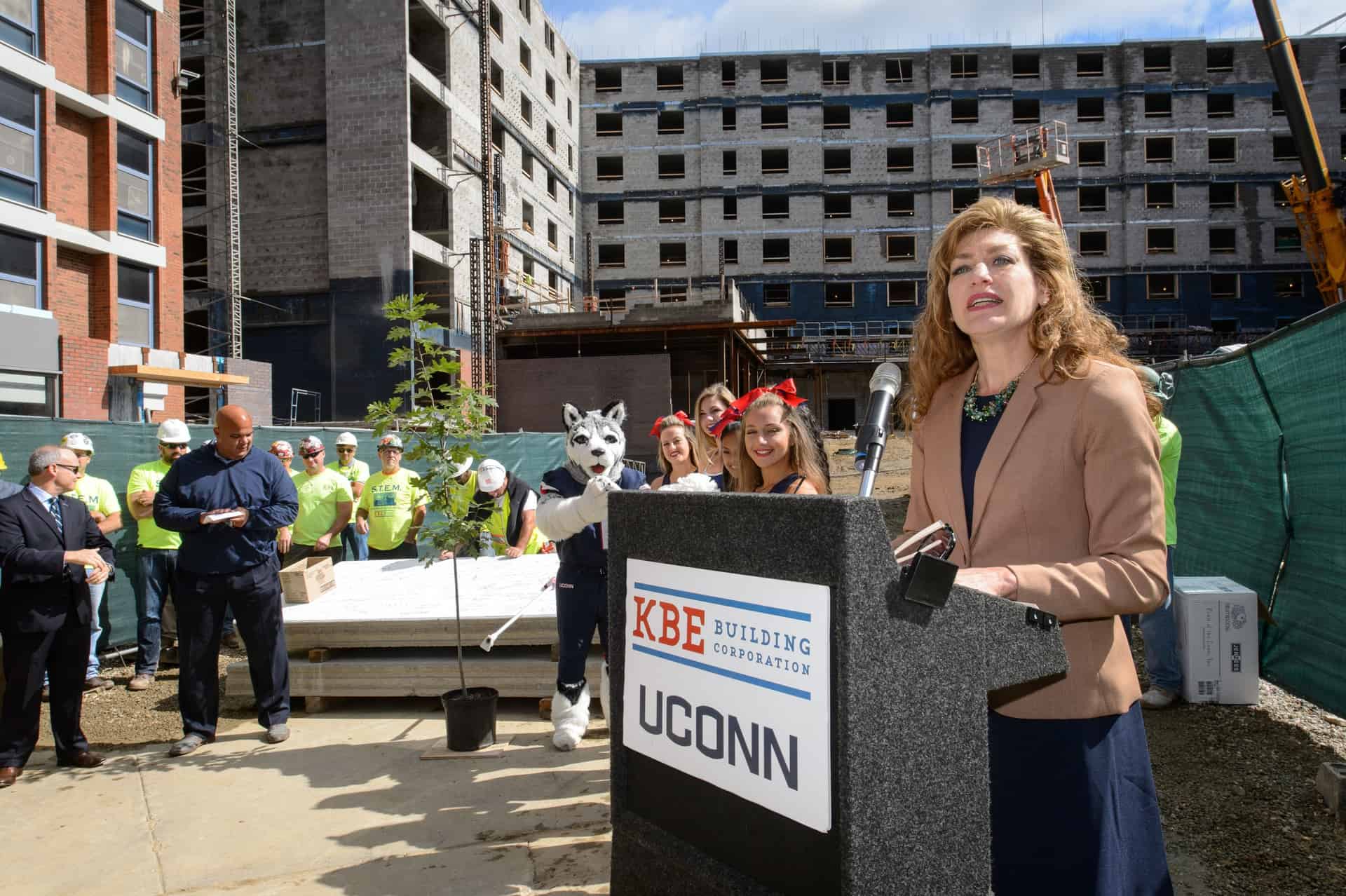 President Susan Herbst speaks during the topping off ceremony for the STEM residence hall on Sept. 14, 2015. (Peter Morenus/UConn Photo)