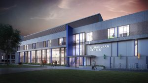 Dusk view of McGauvran Center at UMass Lowell (Rendering Bergmeyer Associates)