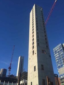 Under construction, concrete core shear walls