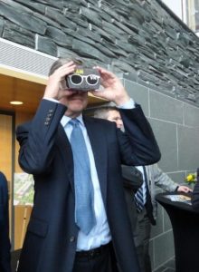 Faculty, students, and donors experience the new Richard Weeks Hall of Engineering at Rutgers University through virtual reality viewers.