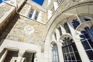St.Mary's Hall, reopened after major renovations and restoration. Detail of main entrance facing Linden Lane.